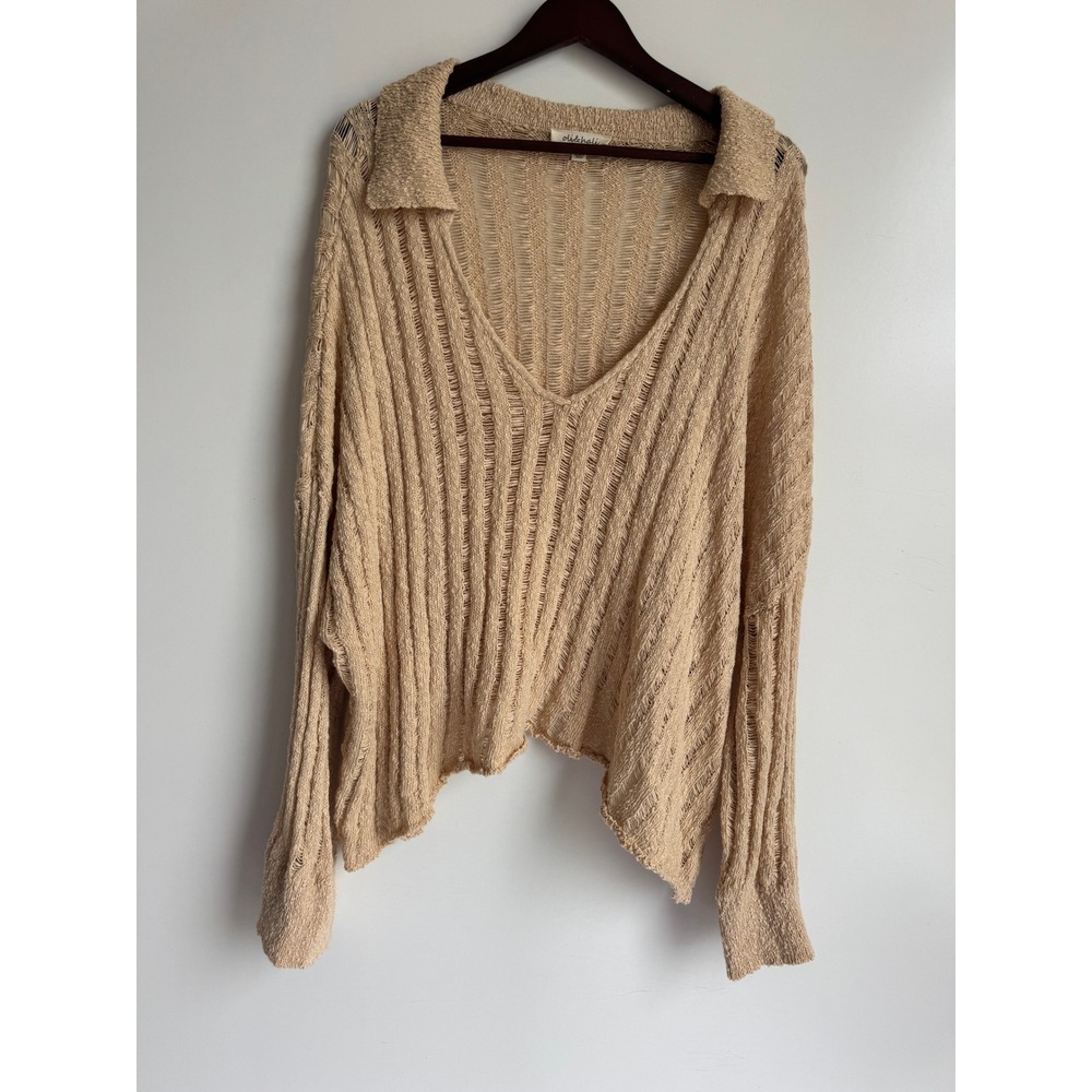 Oli & Hali Tan Beige Open Knit V-Neck Collared Sweater Sheer Top Medium Cotton